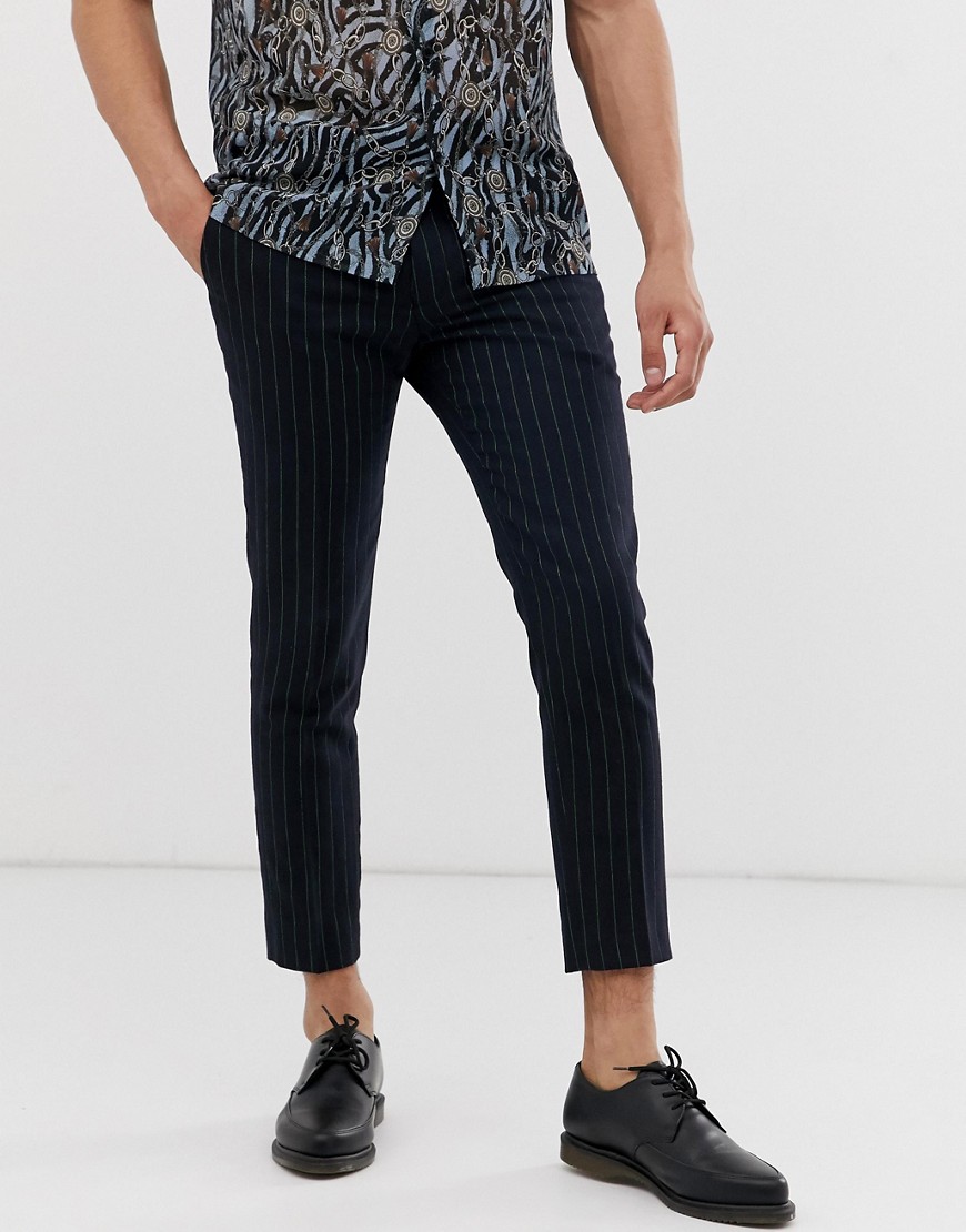 Twisted Tailor - Smaltoelopende cropped broek met krijtstreep in neonkleur-Marineblauw