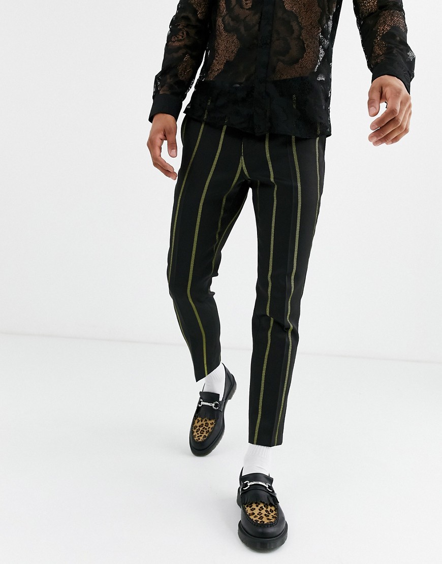 Twisted Tailor - Smaltoelopende cropped nette broek met gele strepen in zwart