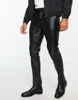 Twisted Tailor Plus Smart Pants In Black With Tonal Geometric Flocking ...