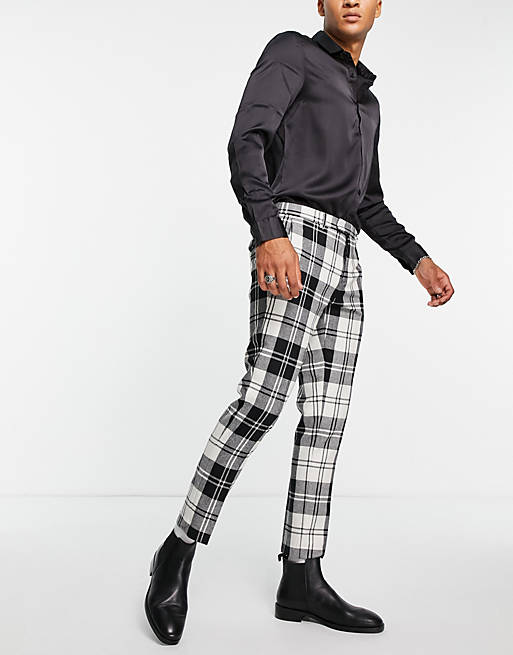Twisted Tailor smart trousers in black and white check with pocket chain detail