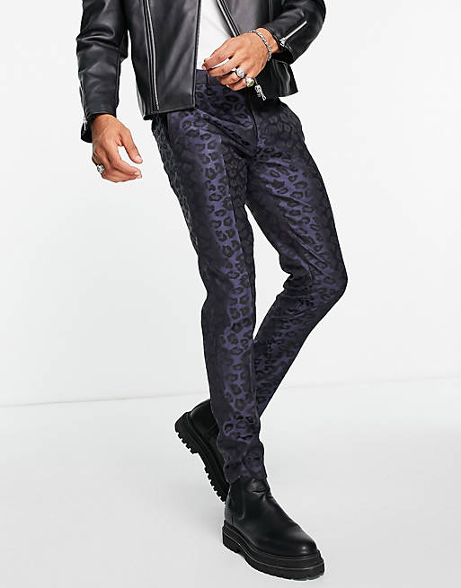 Twisted Tailor smart trousers in navy leopard jacquard design