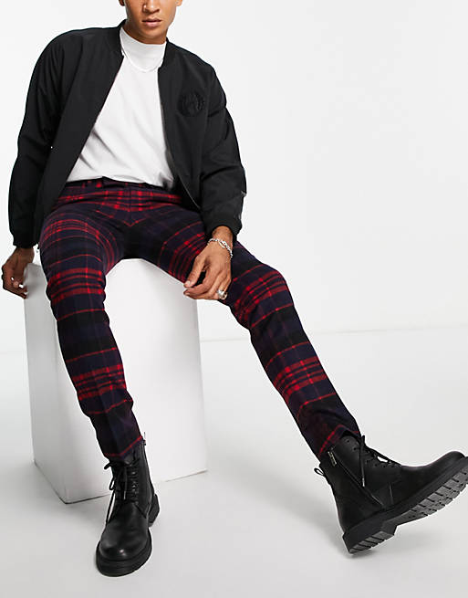 Twisted Tailor smart trousers in red and navy check with pocket chain detail