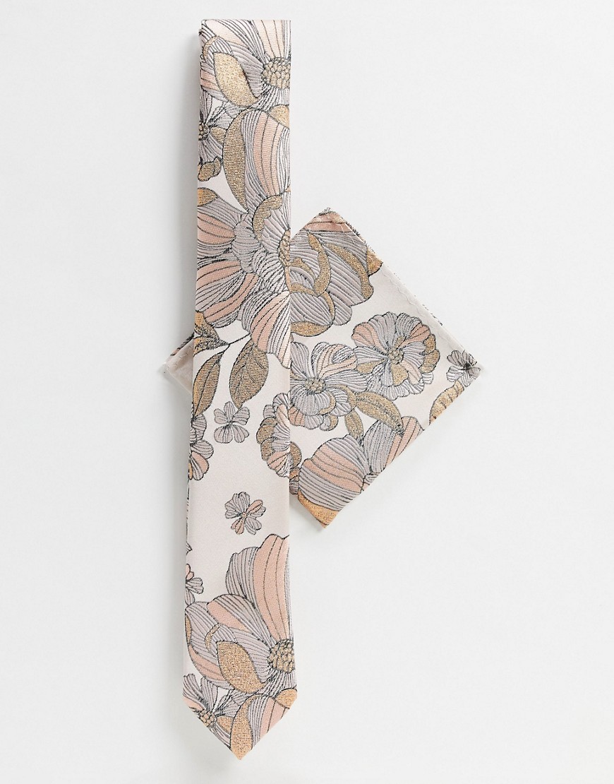 Twisted Tailor - Stropdas met bloemenprint en pochette in roze en geel