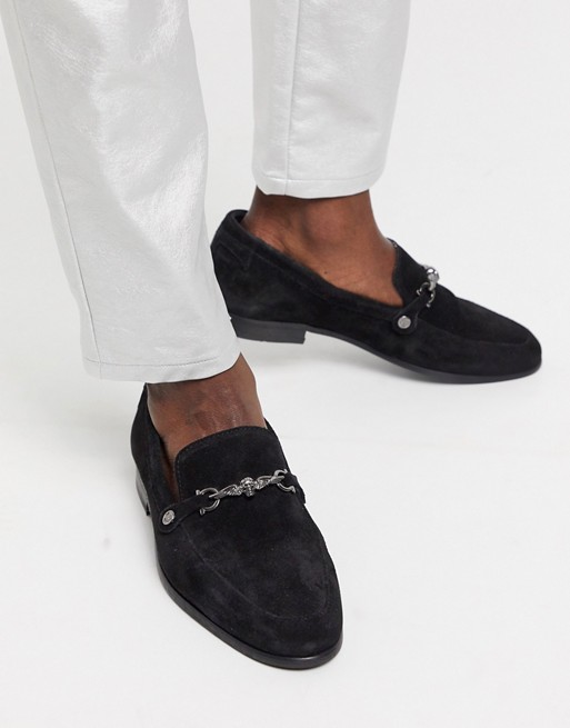 Twisted Tailor suede loafer with silver buckle in black