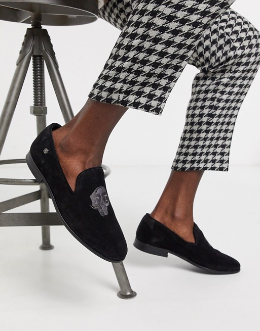 Twisted Tailor suede slipper loafer with skull detail in black