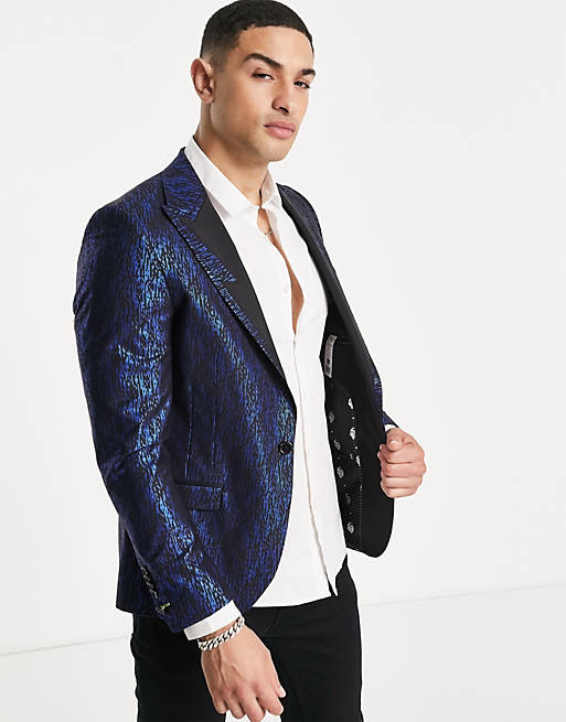Twisted Tailor suit jacket in black with electric blue dash foil print