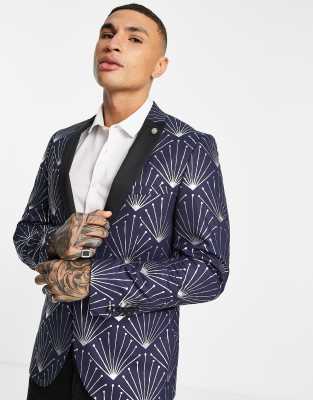 Twisted Tailor suit jacket in navy with silver foil geometric print - view 1