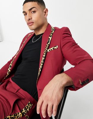 Twisted Tailor suit jacket in red with leopard print contrast insert - ASOS Price Checker