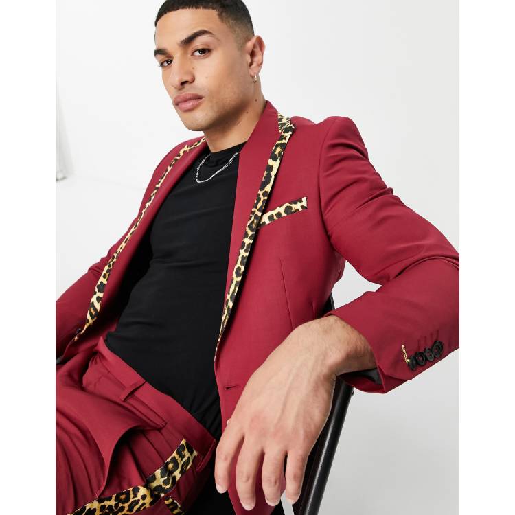 Twisted Tailor suit jacket in red with leopard print contrast