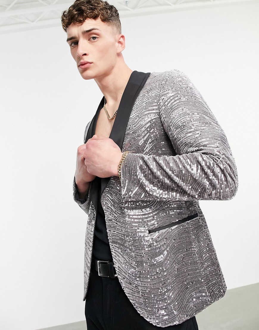 Twisted Tailor suit jacket with contrast lapel in silver sequin swirl