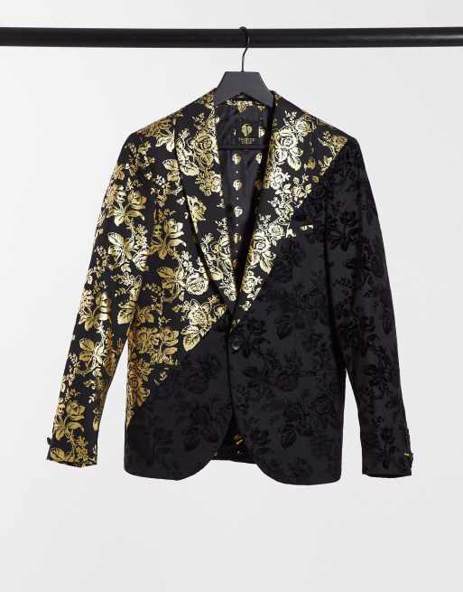 Twisted Tailor Suit Jacket With Diagonal Gold Panel In Black Floral Flock Faoswalim