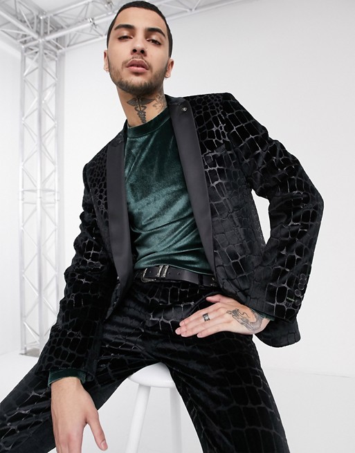 Twisted Tailor suit jacket with flock croc print in black