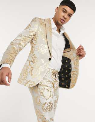 Twisted Tailor suit jacket with gold floral flock in champagne-Cream