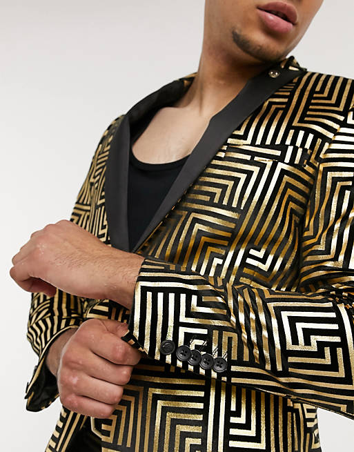  Twisted Tailor suit jacket with satin lapel with gold geo foil in black velvet 