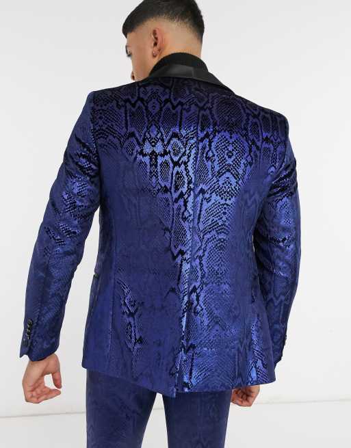 Twisted Tailor suit jacket with satin shawl lapel in metallic blue snake  print | ASOS