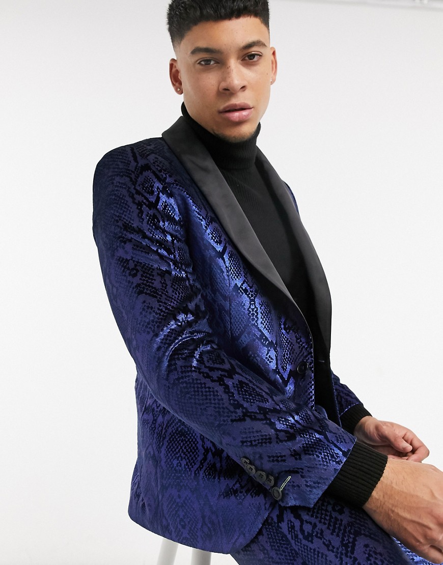 Twisted Tailor suit jacket with sating shawl lapel in metallic blue snakeprint