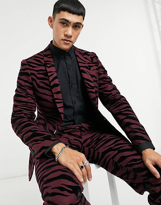 Suits Twisted Tailor suit jacket with tiger flock in burgundy 