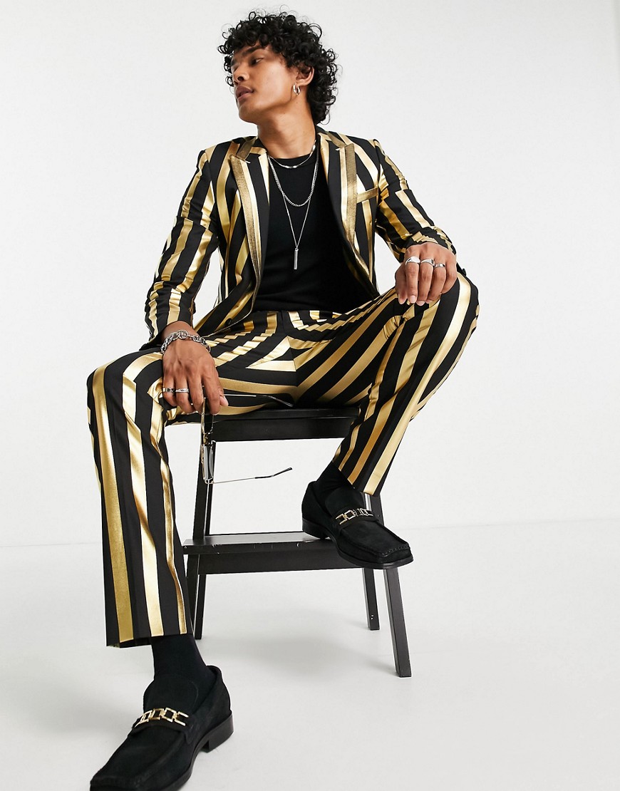 Twisted Tailor suit pants in black and gold stripe