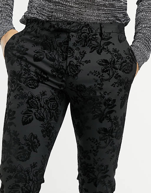 Twisted Tailor suit pants in black floral flock