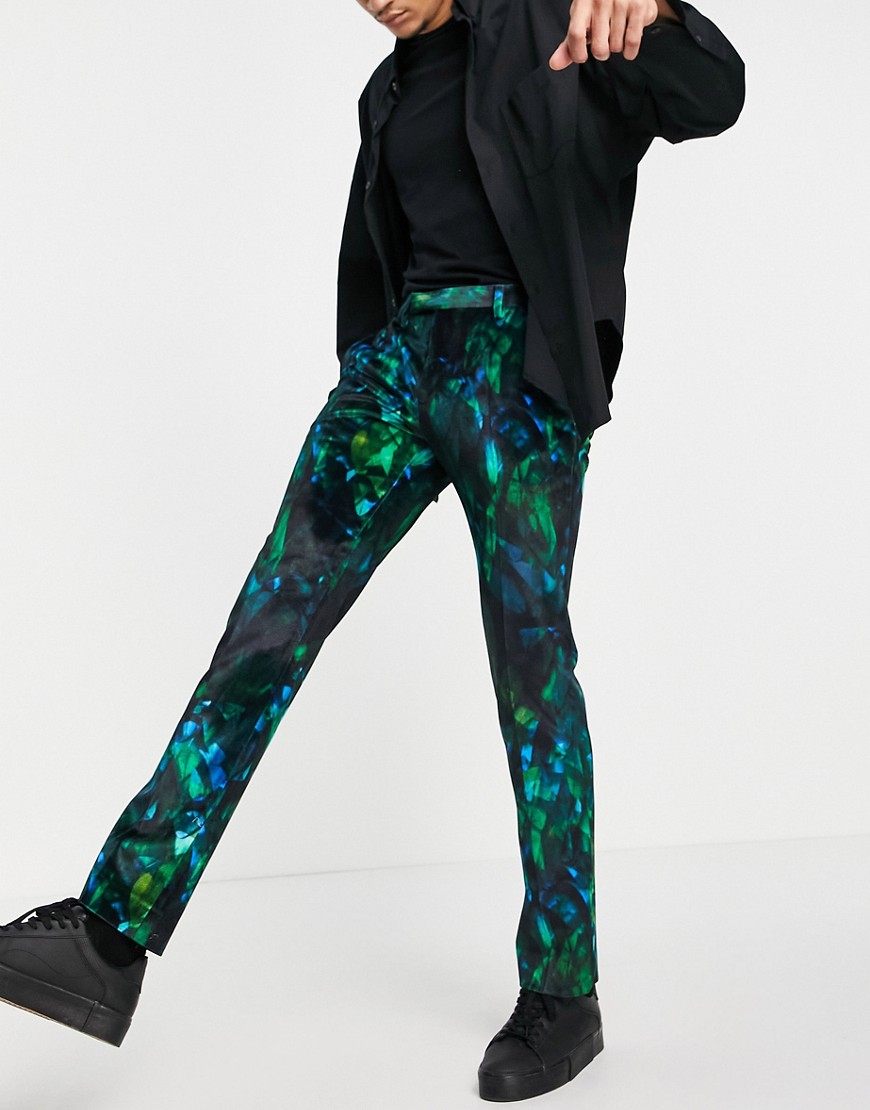 Twisted Tailor suit pants with tropical feather print in green