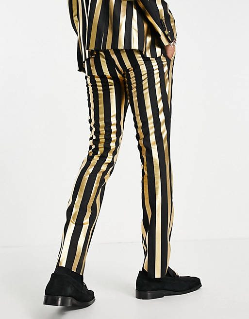 Men Twisted Tailor suit trousers in black and gold stripe 
