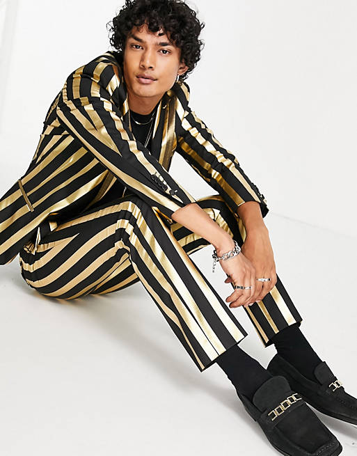 Men Twisted Tailor suit trousers in black and gold stripe 