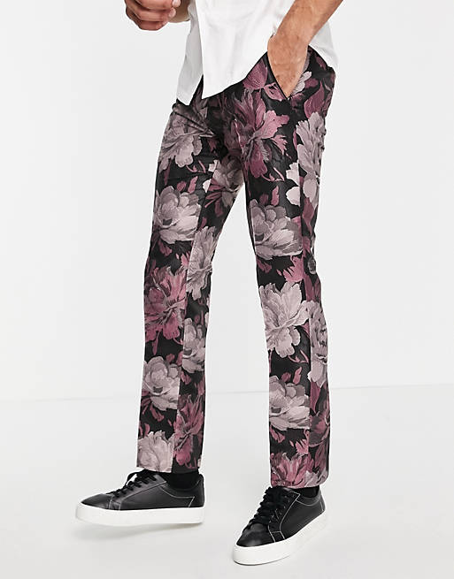 Twisted Tailor suit trousers in black and pink floral jacquard