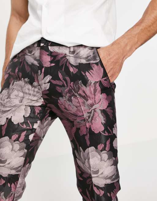 Twisted Tailor suit trousers in black and pink floral jacquard, 3 of 4