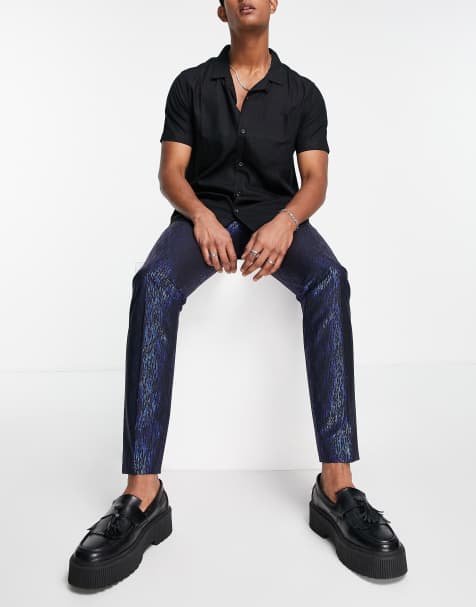 Twisted Tailor suit trousers in black with electric blue dash foil print