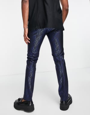 Twisted Tailor suit trousers in black with electric blue dash foil print