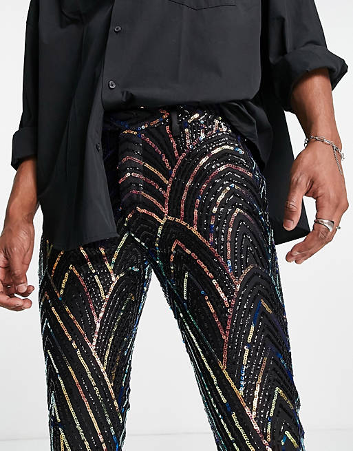 Twisted Tailor suit trousers in black with rainbow geometric sequin design 