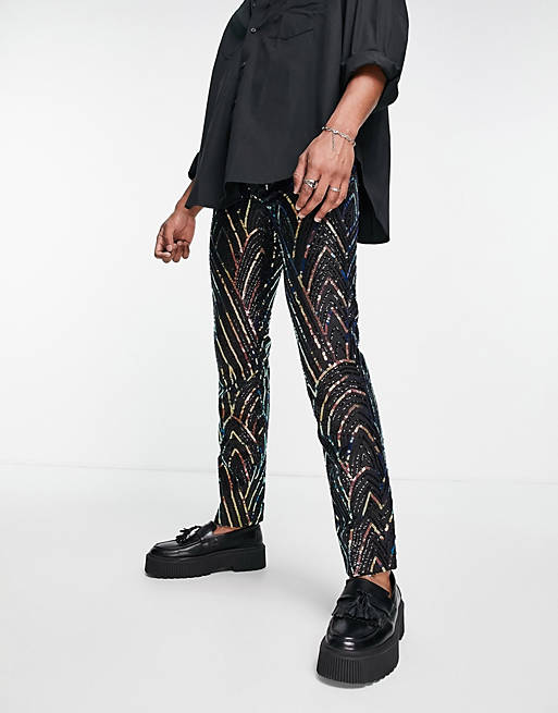  Twisted Tailor suit trousers in black with rainbow geometric sequin design 