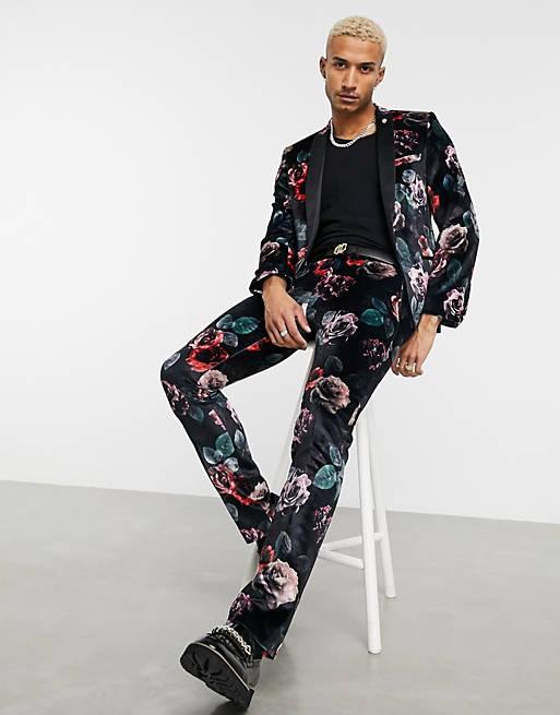 Men Twisted Tailor suit trousers with large floral print in black velvet 