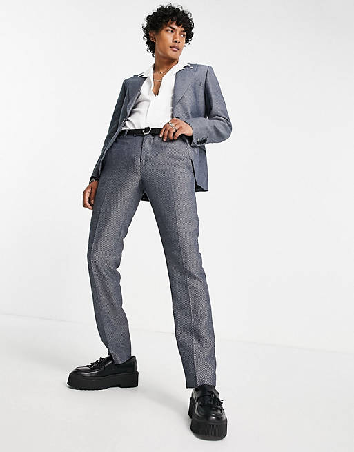 Twisted Tailor suit trousers with micro geo jaquard in blue and white