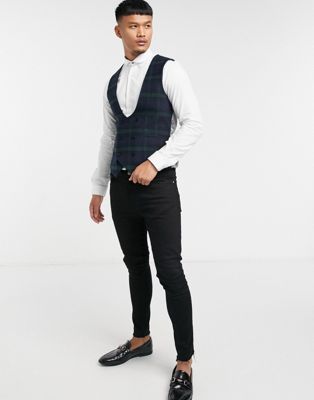 Twisted Tailor suit waistcoat in green and navy check (21412064)