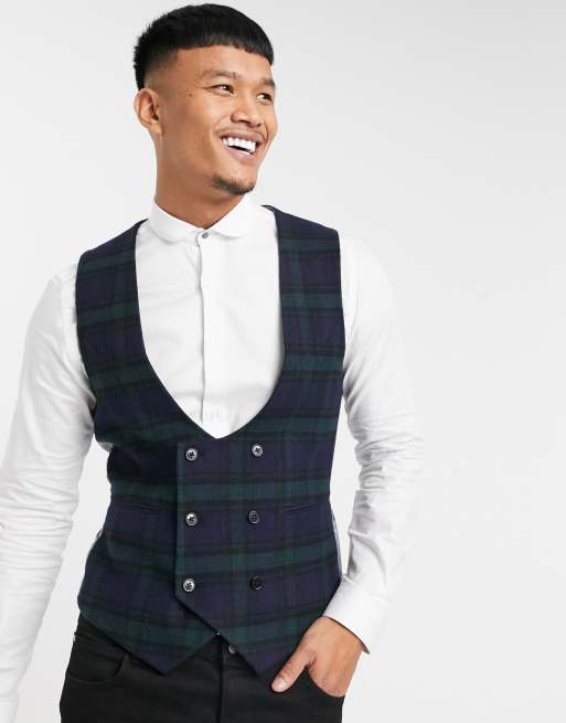 Twisted Tailor suit waistcoat in green and navy check ASOS