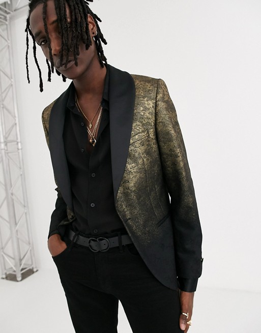 Twisted Tailor super skinny blazer with shawl lapel in gold fade lace