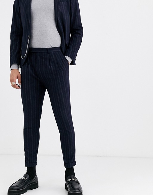 Twisted Tailor super skinny cropped suit trousers in navy stripe