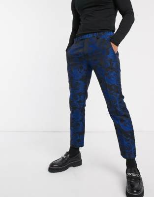 Twisted Tailor super skinny cropped suit trousers with floral jaquard in blue Blue