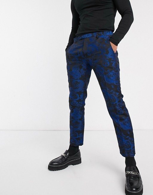 Twisted Tailor super skinny cropped suit trousers with floral jaquard in blue
