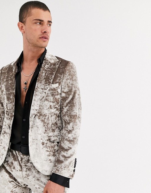 Twisted Tailor super skinny crushed velvet suit jacket in champagne