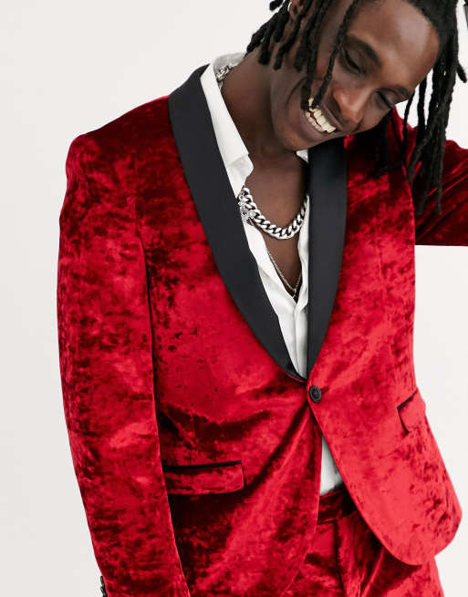 Twisted Tailor super skinny crushed velvet suit jacket in red