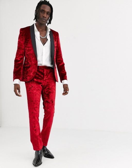 Twisted Tailor super skinny crushed velvet suit jacket in red ASOS