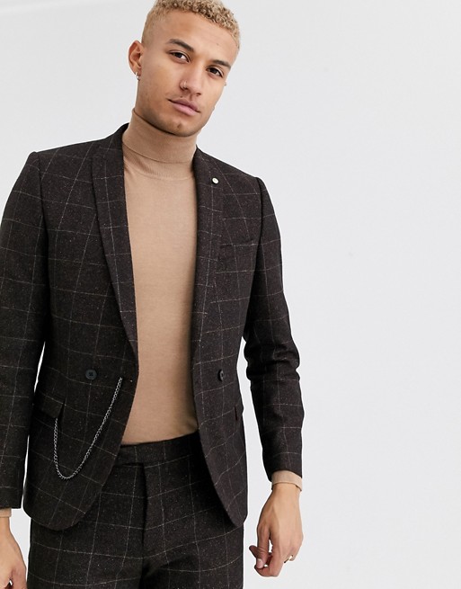 Twisted Tailor super skinny double breasted suit jacket in brown check