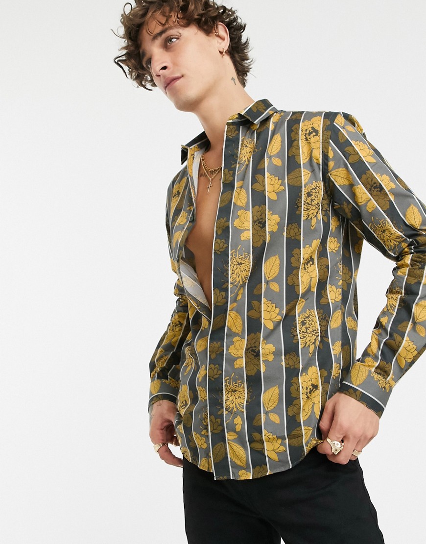 Twisted Tailor - Super skinny-fit overhemd met strepen en bloemen-Grijs