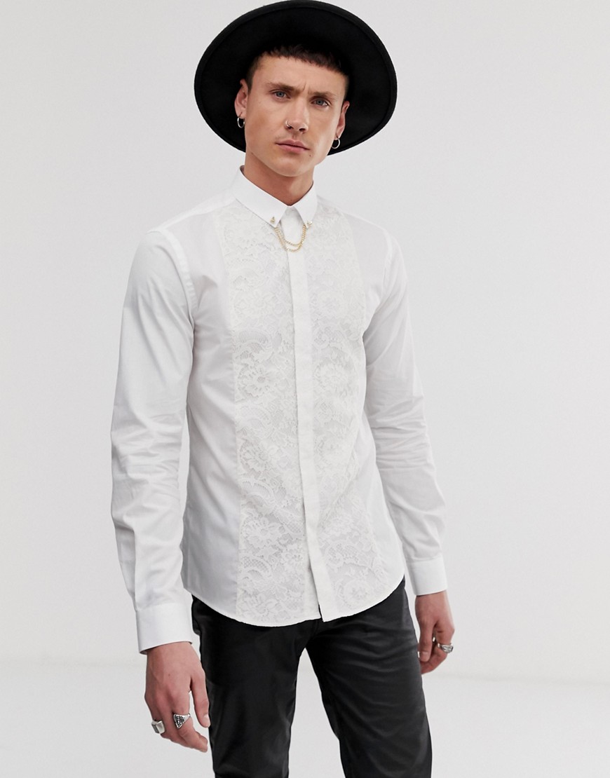 Twisted Tailor super skinny fit shirt with lace panel in white