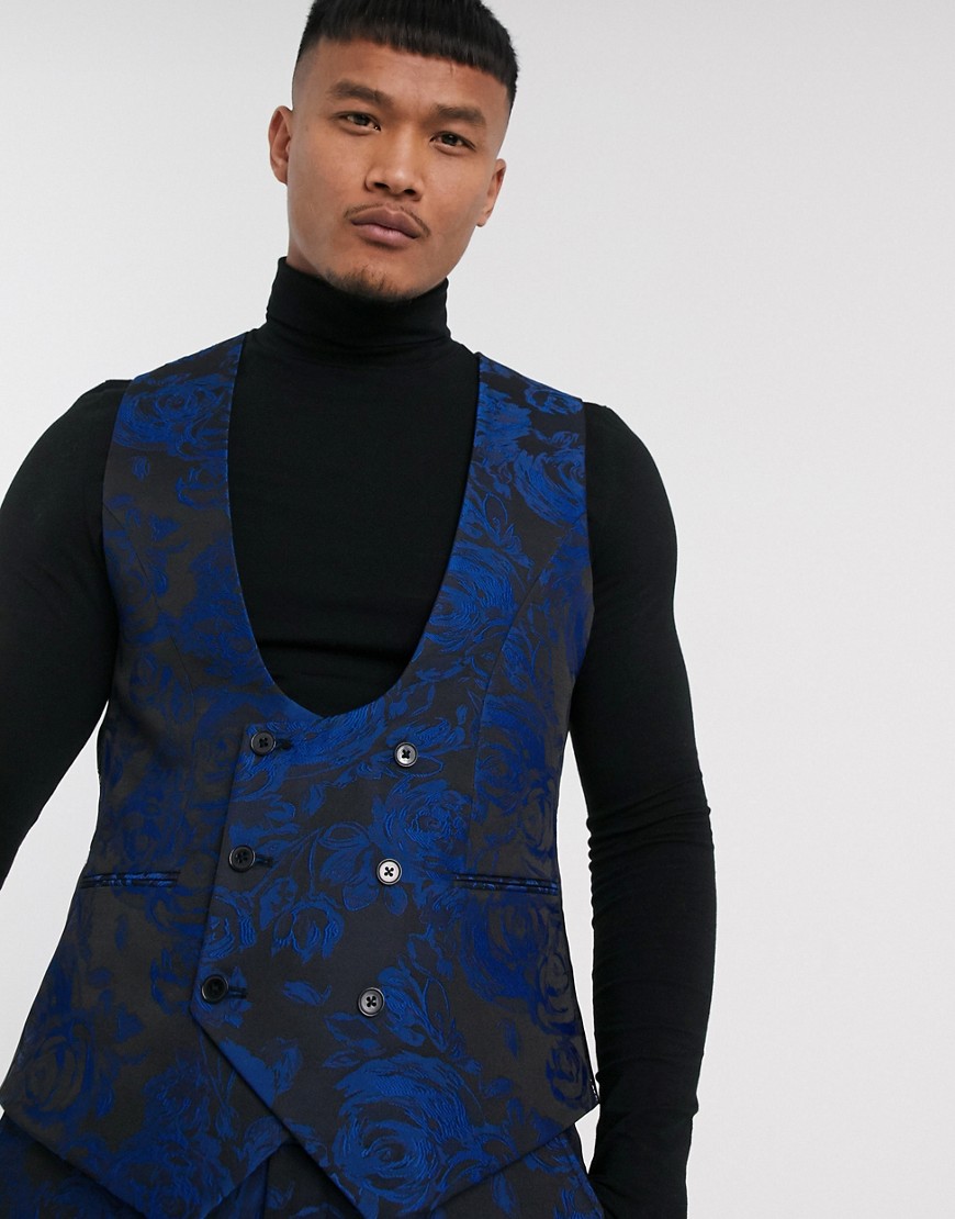 Twisted Tailor super skinny fit waistcoat with floral jaquard in blue