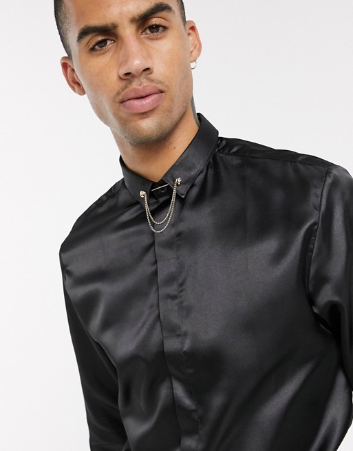 Twisted Tailor super skinny sateen shirt with collar bar in black
