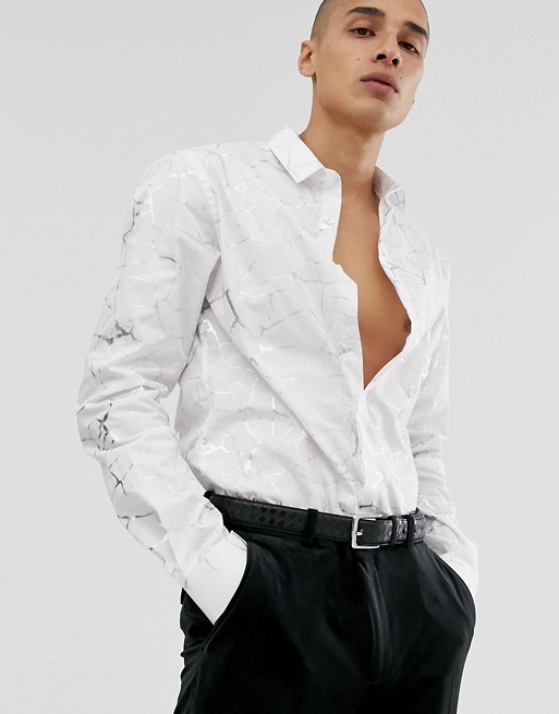 Twisted Tailor super skinny shirt with crackle print in white