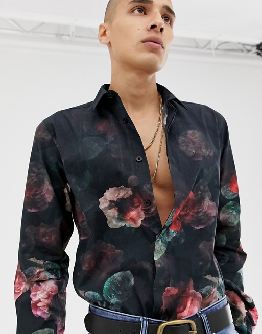 Twisted Tailor super skinny shirt with faded red floral print in black